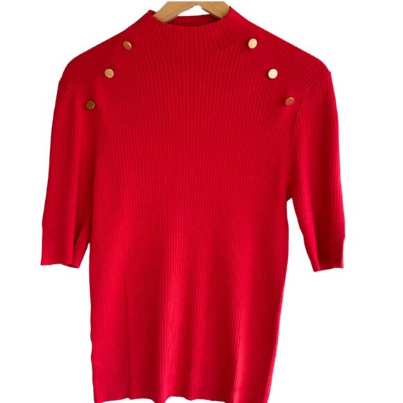 NWT LOFT Ribbed Shoulder Button Mock Neck SweaterWomen's L/10/12 Red - Picture 2 of 7